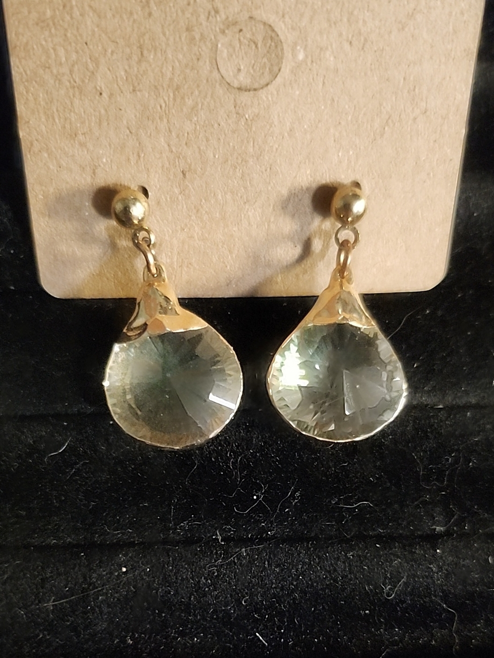 Vintage Gold Drop Earrings with Light Green Crystal Teardrops